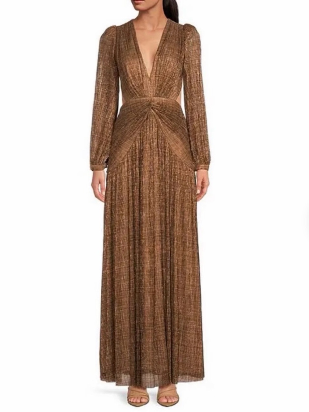 NWT Gianni Bini Bronze Metallic Plunge V-Neck Long Sleeve Maxi Dress 10